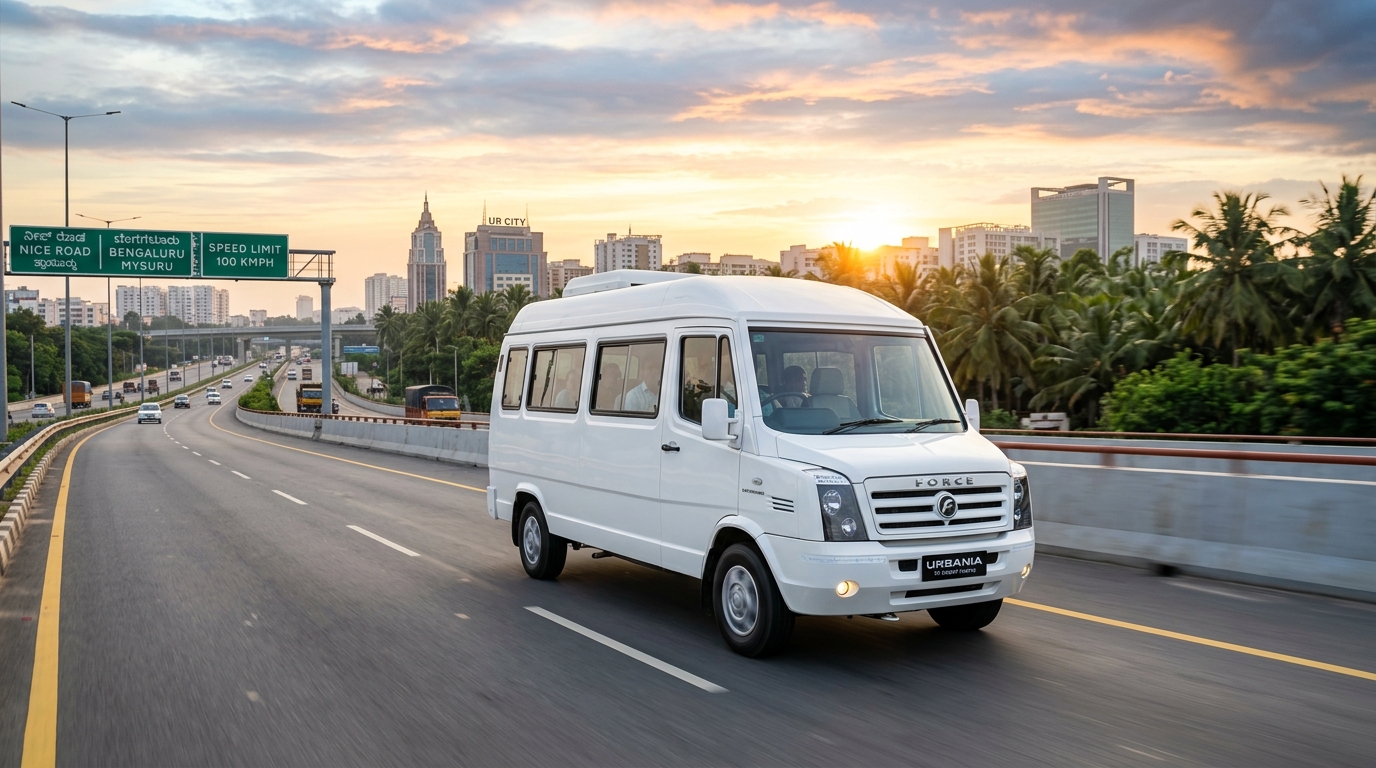 Force Urbania luxury passenger van rental on Bangalore expressway by SARA CAB